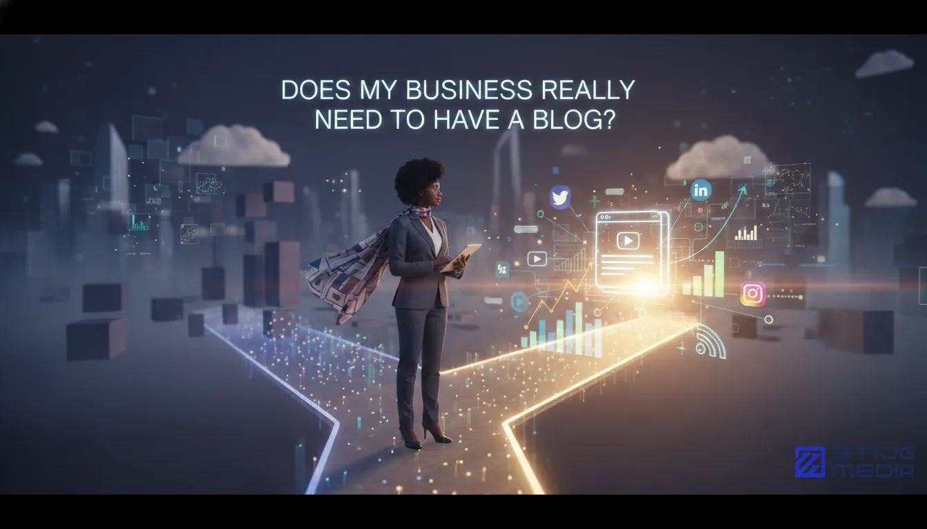 A Black businesswoman in a suit and flowing scarf stands at a digital crossroads, surrounded by glowing data pathways, social media icons, and analytics, with the question &#x27;DOES MY BUSINESS REALLY NEED TO HAVE A BLOG?&#x27; above her.