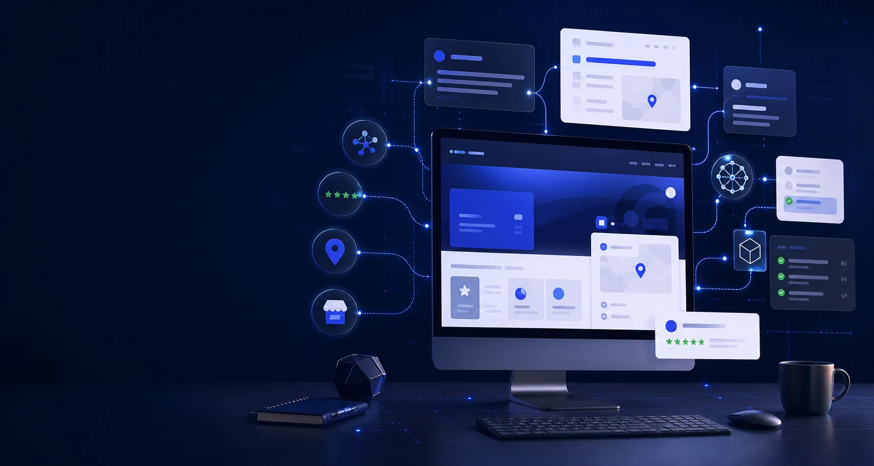 AI search visibility dashboard connected to local business signals, reviews, maps, citations, and answer panels