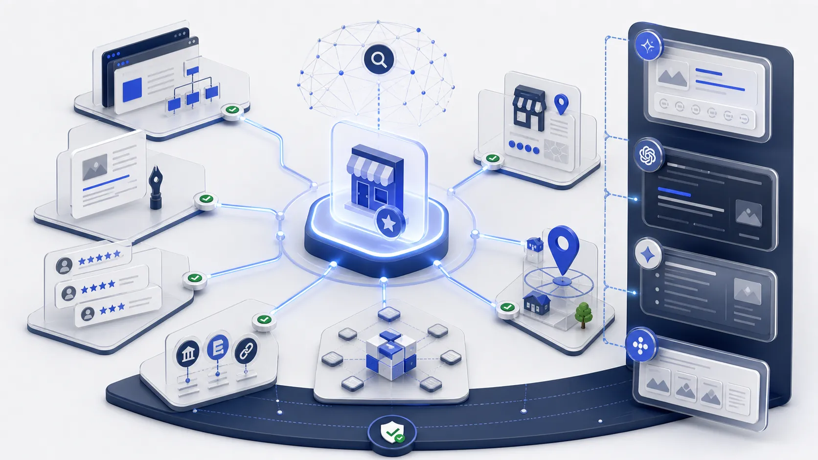 Knowledge graph style map showing a business connected to content, reviews, citations, local signals, and AI answer surfaces