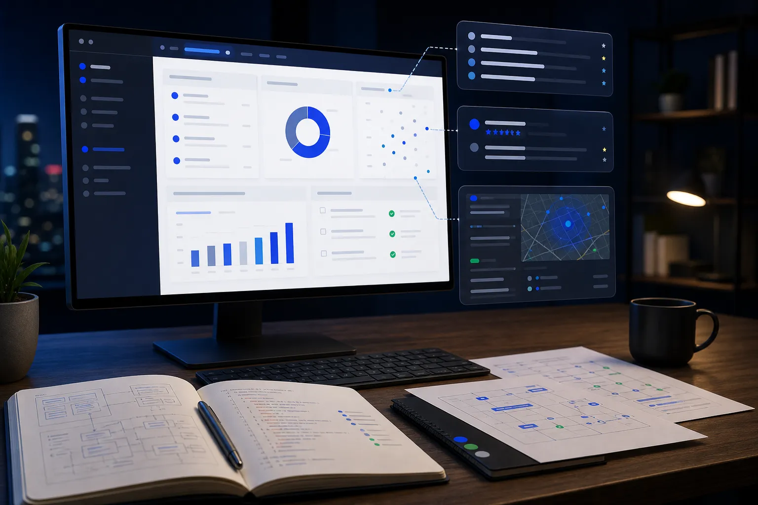 Founder-led AI search implementation workbench with an audit dashboard, schema notes, review signals, and local visibility maps