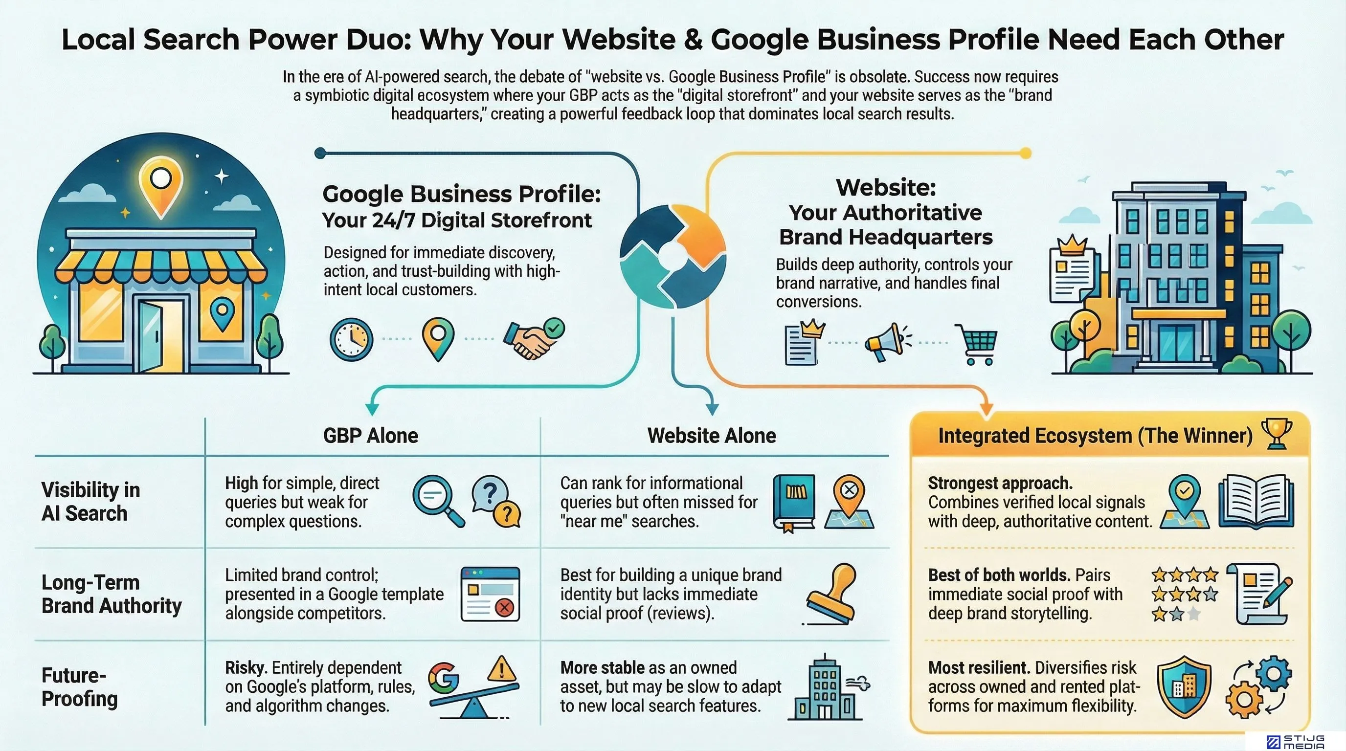 Infographic illustrating why an integrated "Local Search Power Duo" of a website (Brand Headquarters) and a Google Business Profile (Digital Storefront) is essential for success in the AI era. A table compares using each alone versus together, showing the "Integrated Ecosystem" as the strongest approach for visibility, authority, and future-proofing.