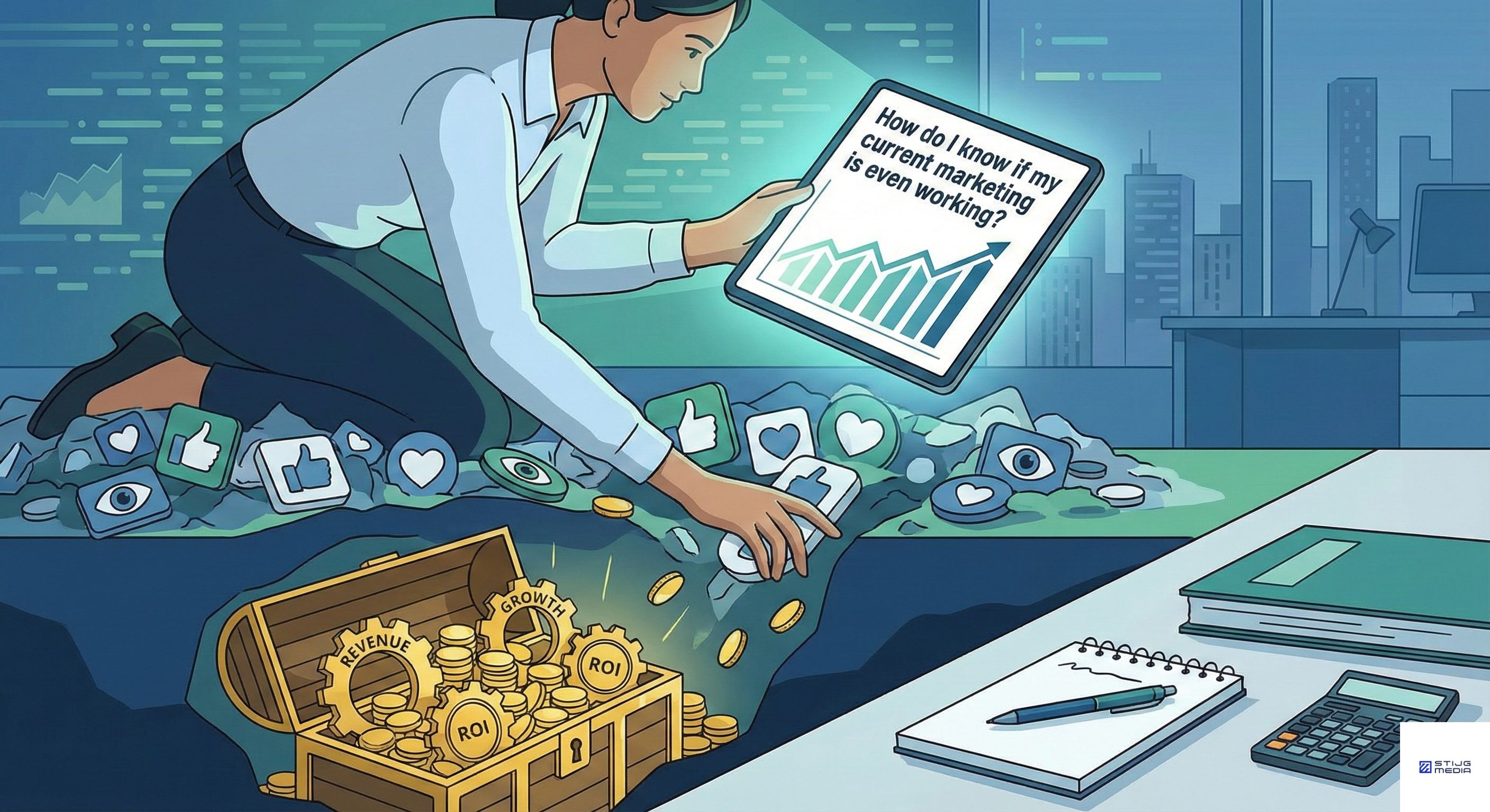 Editorial illustration showing a marketer digging through a pile of 'vanity metrics' icons to reveal a treasure chest of 'REVENUE,' 'GROWTH,' and 'ROI.' They hold a tablet with a performance chart and the question 'How do I know if my current marketing is even working?'