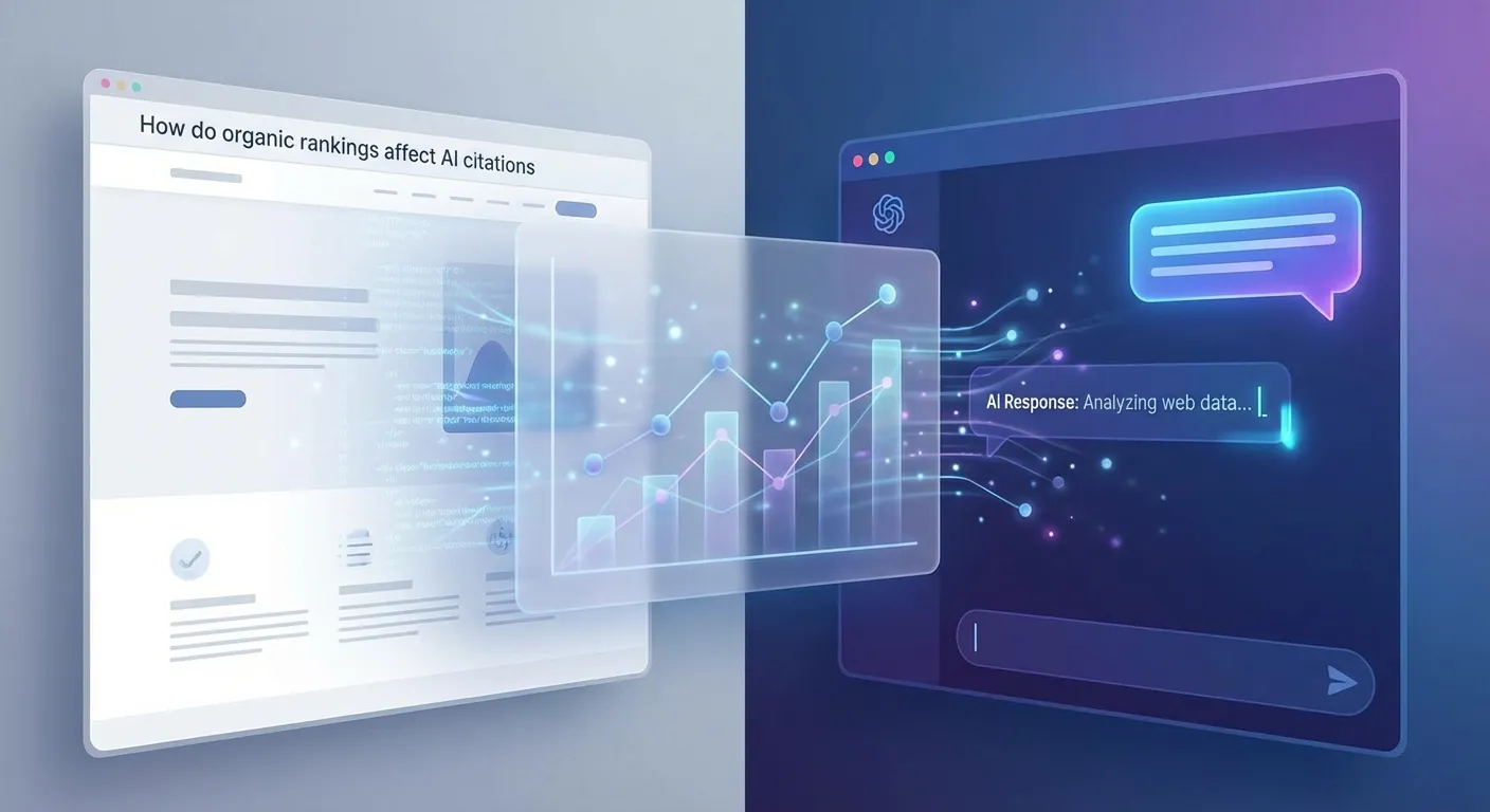 Website and AI interface with glowing chart, illustrating organic rankings impact on AI citations.