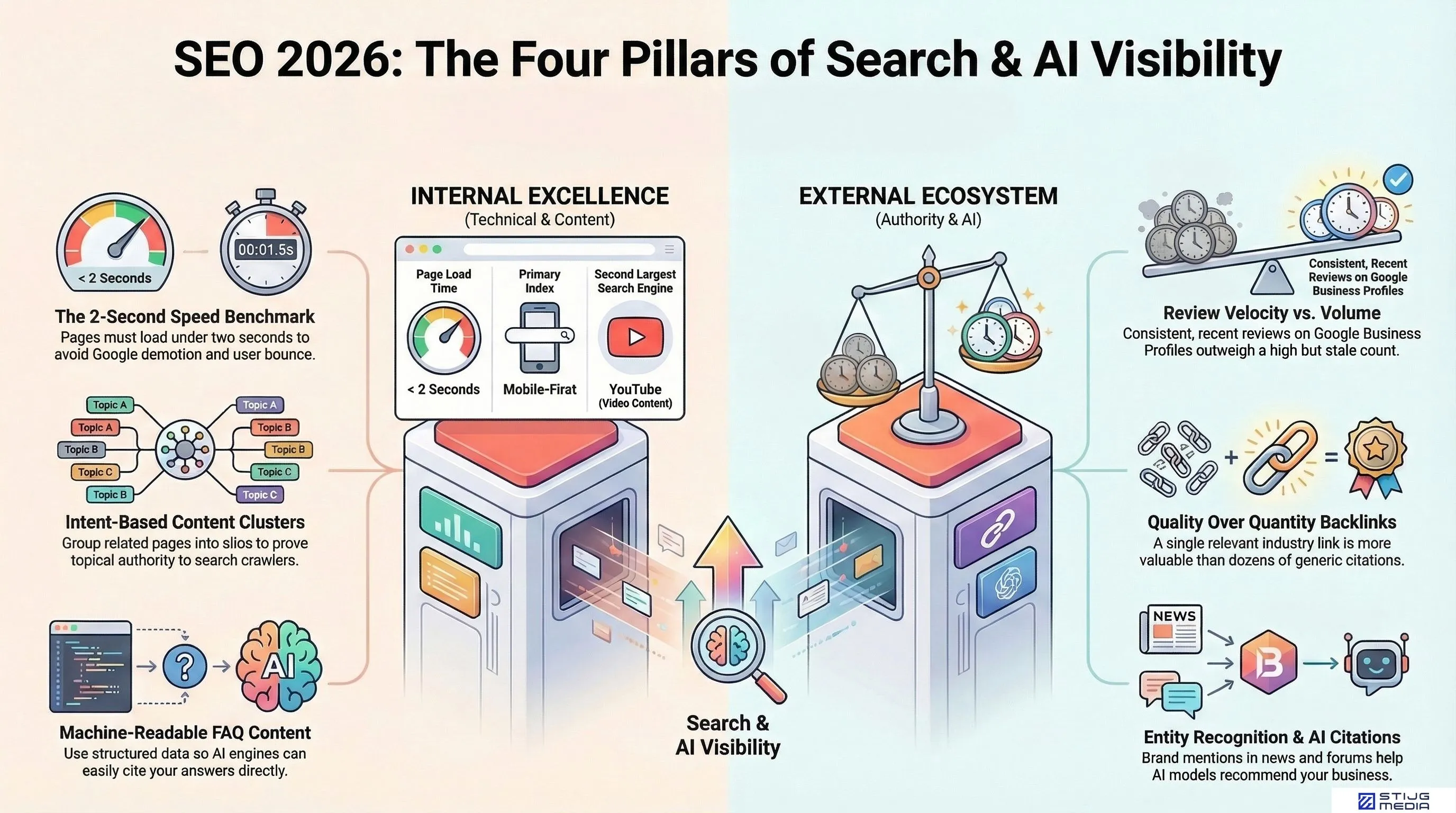 Infographic explaining how search engine optimization works in 2026, covering technical SEO, content strategy, authority building, and AI search visibility. Created by Stijg Media, Norwood, MA.