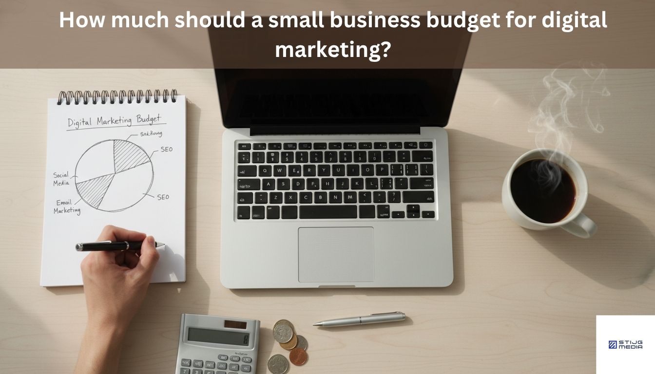 Laptop and notebook for making marketing budget calculations