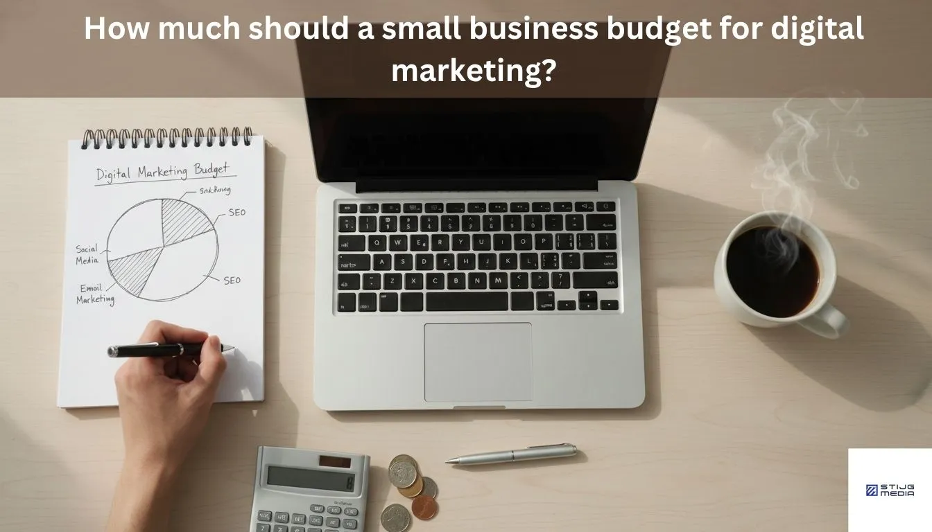 Laptop and notebook for making marketing budget calculations