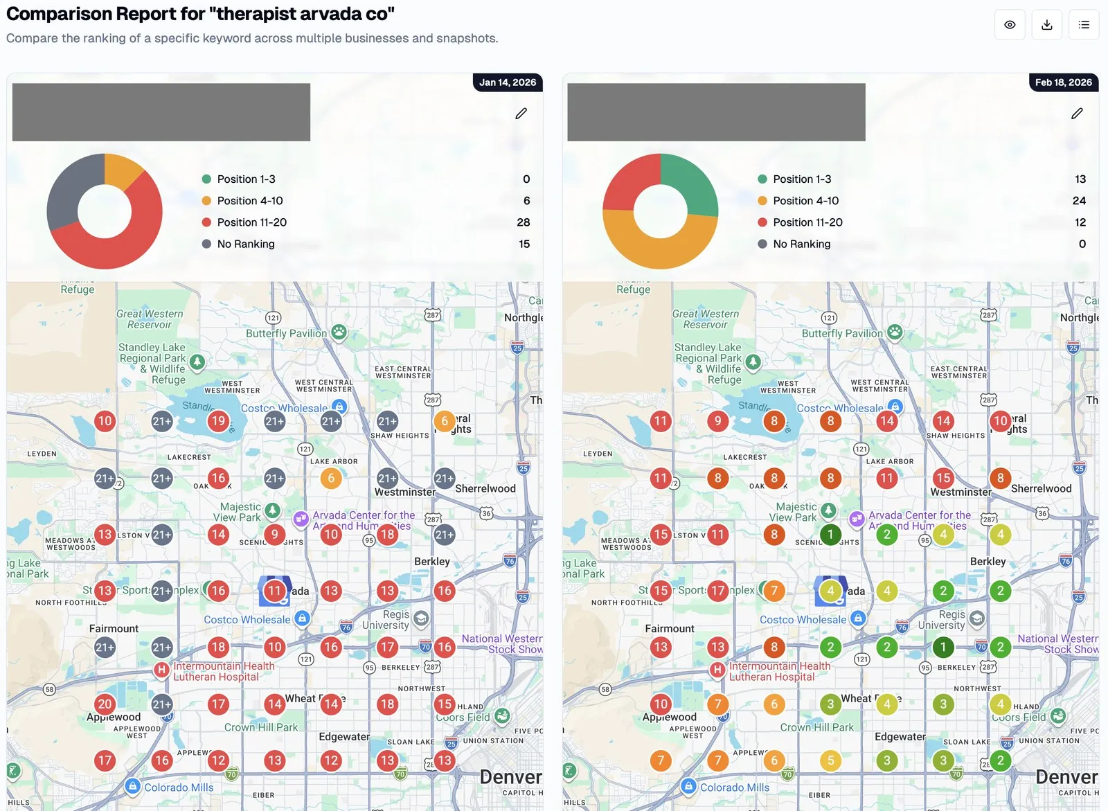 Local map ranking comparison for the keyword therapist arvada co