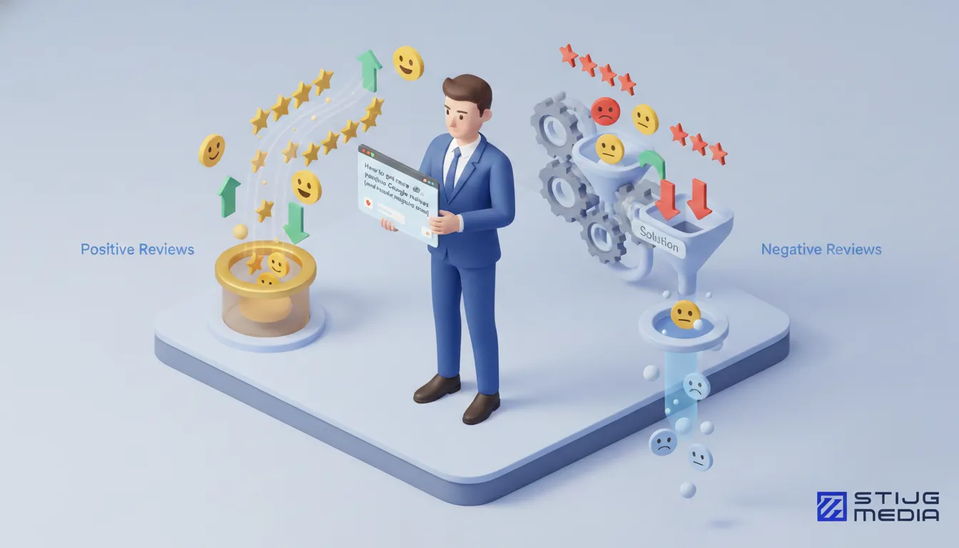 A 3D isometric illustration of a businessman holding a laptop with text 'How to get more positive Google reviews'. To his left, smiling emojis and gold stars ascend into a container for 'Positive Reviews'. To his right, frowning emojis and red stars descend into a funnel labeled 'Solution for Negative Reviews', with sad emojis emerging below.
