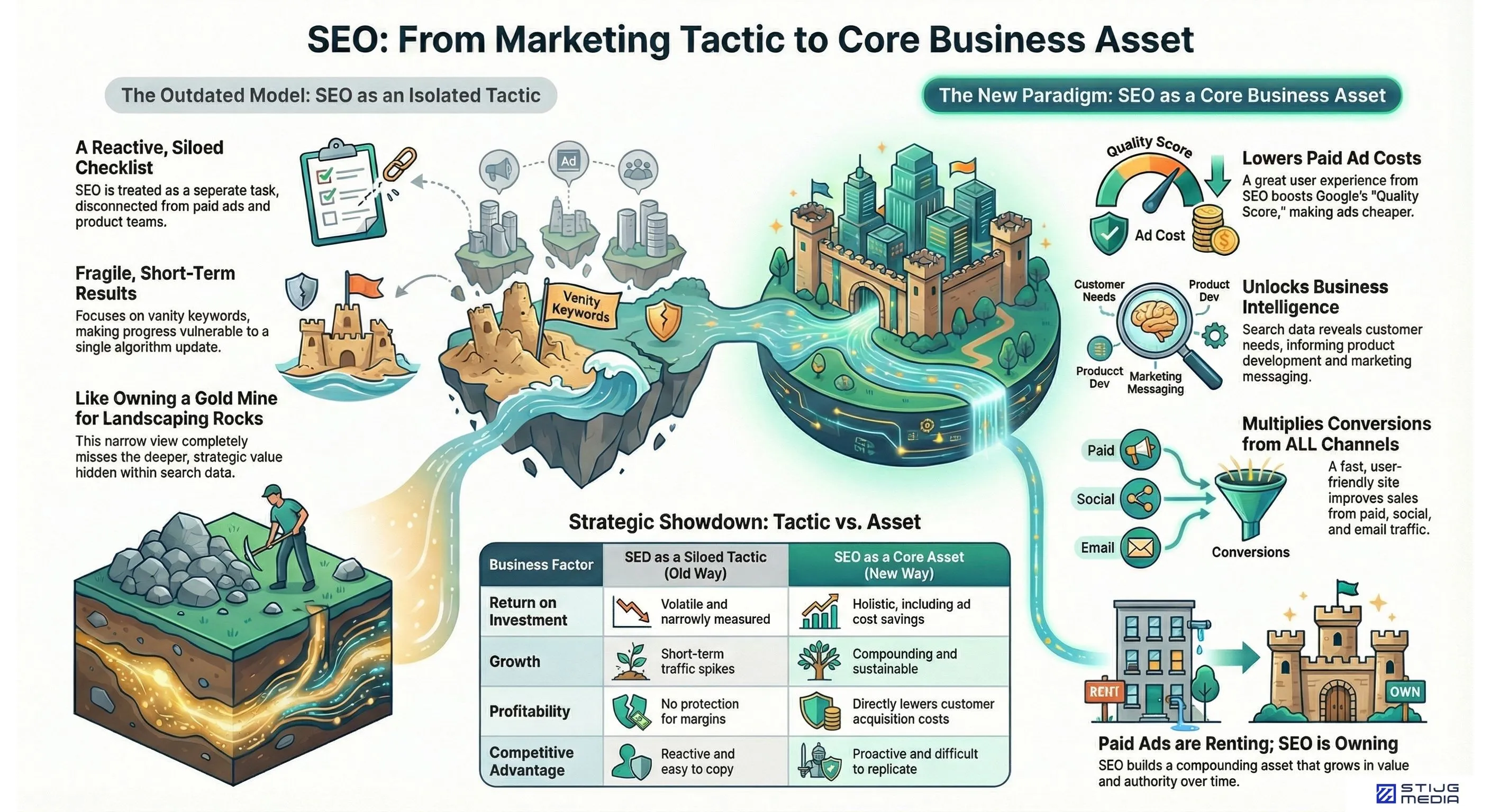 Infographic illustrating the strategic shift from outdated "SEO as an isolated marketing tactic" to a modern "SEO as a core business asset." The visual contrasts a fragmented, short-term approach on the left with a holistic, foundational model on the right, showing how a strong SEO foundation lowers paid ad costs, unlocks business intelligence, and multiplies conversions across all channels. A comparison table at the bottom summarizes the superior ROI, sustainable growth, and competitive advantage of the asset-based approach versus the siloed tactic.