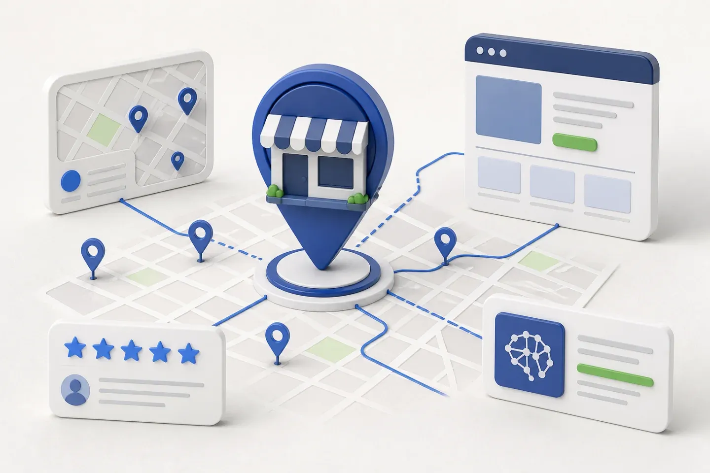 Illustration of a local business connected to Maps, its website, reviews, and AI search signals