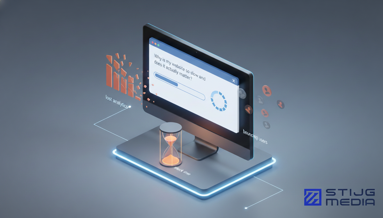A monitor displays a loading screen with the text 'Why is my website so slow and does it actually matter?'. Below it, an hourglass labeled 'stack time' sits on a glowing platform. To the left, a breaking bar chart is labeled 'lost analytics', and to the right, floating user icons are labeled 'bouncing users'.