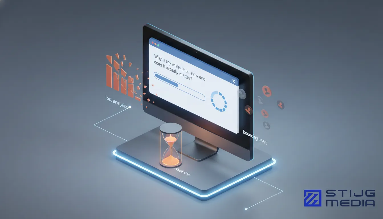 A monitor displays a loading screen with the text &#x27;Why is my website so slow and does it actually matter?&#x27;. Below it, an hourglass labeled &#x27;stack time&#x27; sits on a glowing platform. To the left, a breaking bar chart is labeled &#x27;lost analytics&#x27;, and to the right, floating user icons are labeled &#x27;bouncing users&#x27;.