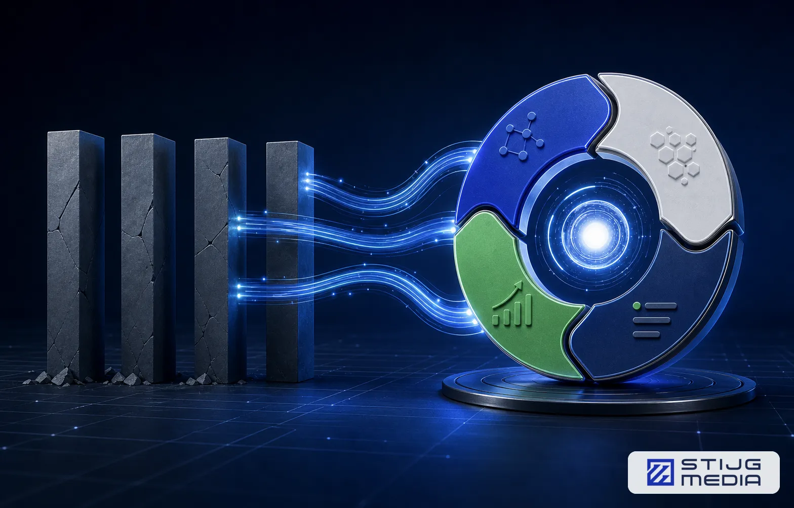 Four cracked SEO pillars transforming into a connected four-part flywheel