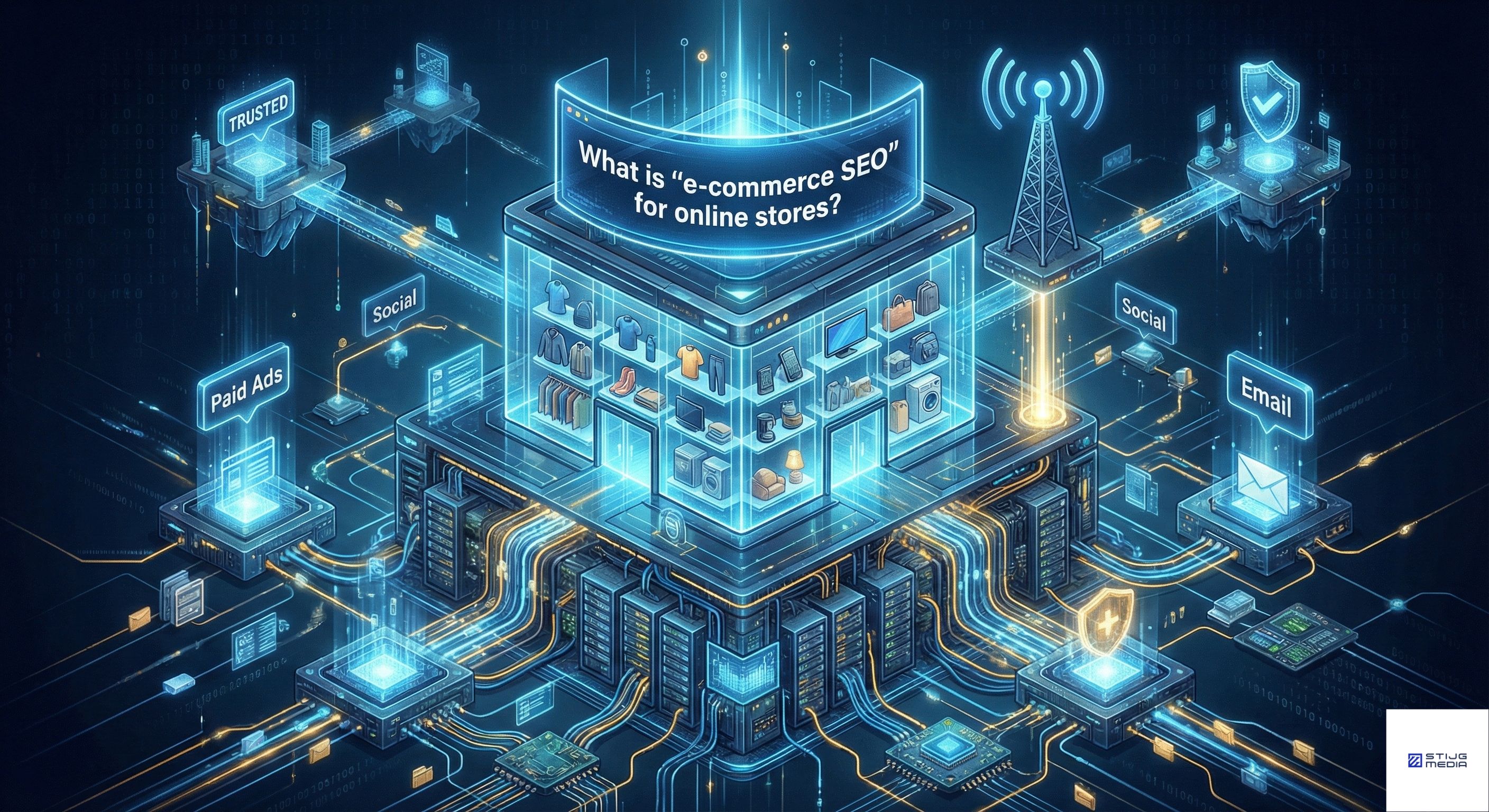 A futuristic, isometric illustration visualizing a holistic e-commerce SEO strategy. A central digital storefront populated with products rests upon a deep foundation of technical server infrastructure and data cables. This core asset connects outwards to glowing hubs labeled 'Paid Ads' 'Social', 'Email', and 'Trusted' signals, demonstrating how search engine optimization powers the entire online business ecosystem. A holographic screen above the store displays the title: 'What is 'e-commerce SEO' for online stores?'
