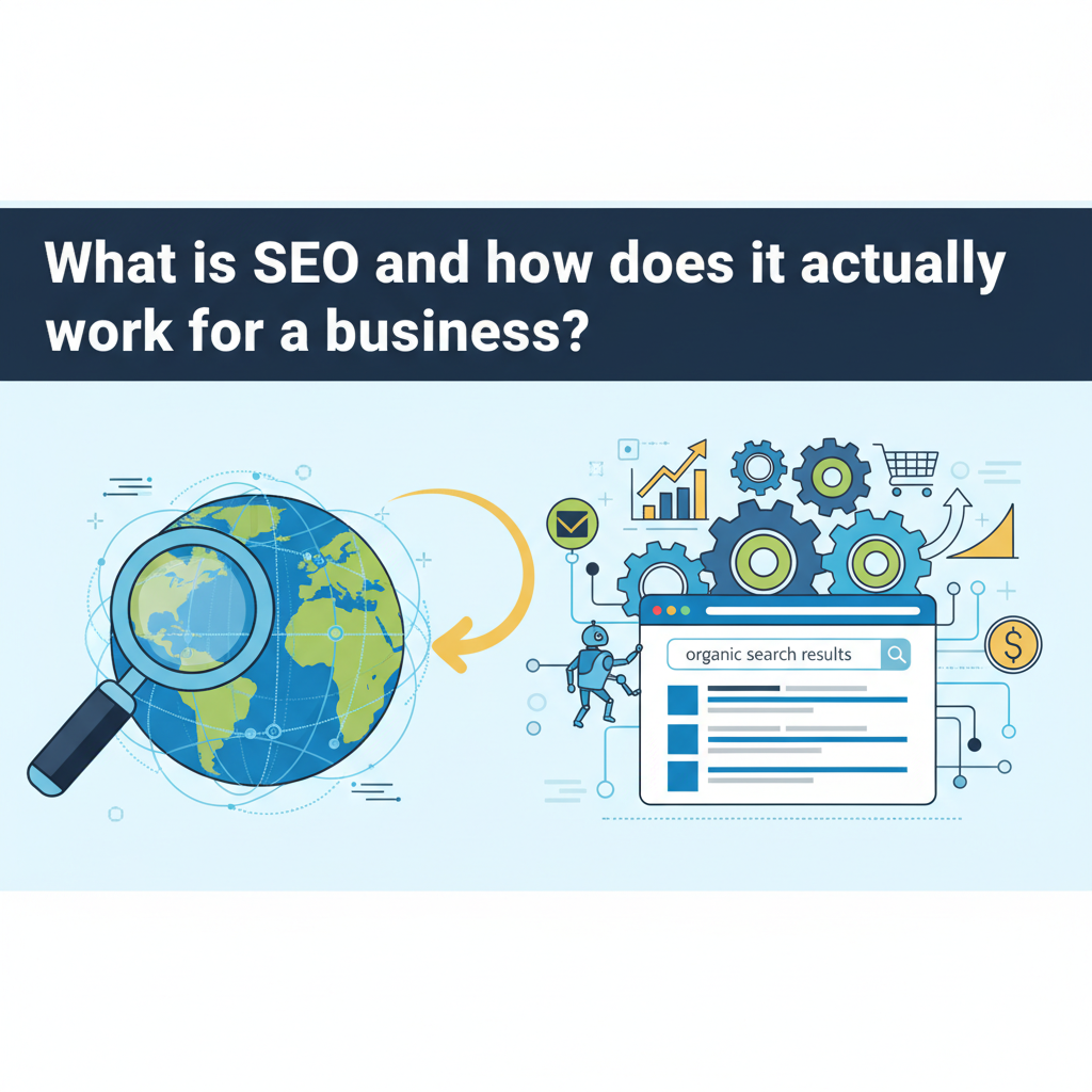 globe with magnifying glass and search results box with business results