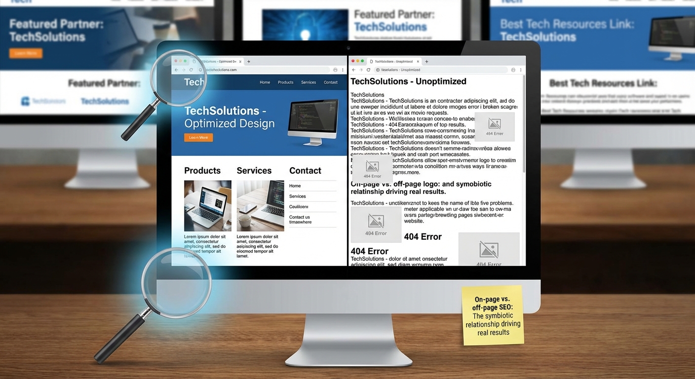 Split-screen comparison of an optimized vs. unoptimized website on a desktop computer with magnifying glass and backlink connections