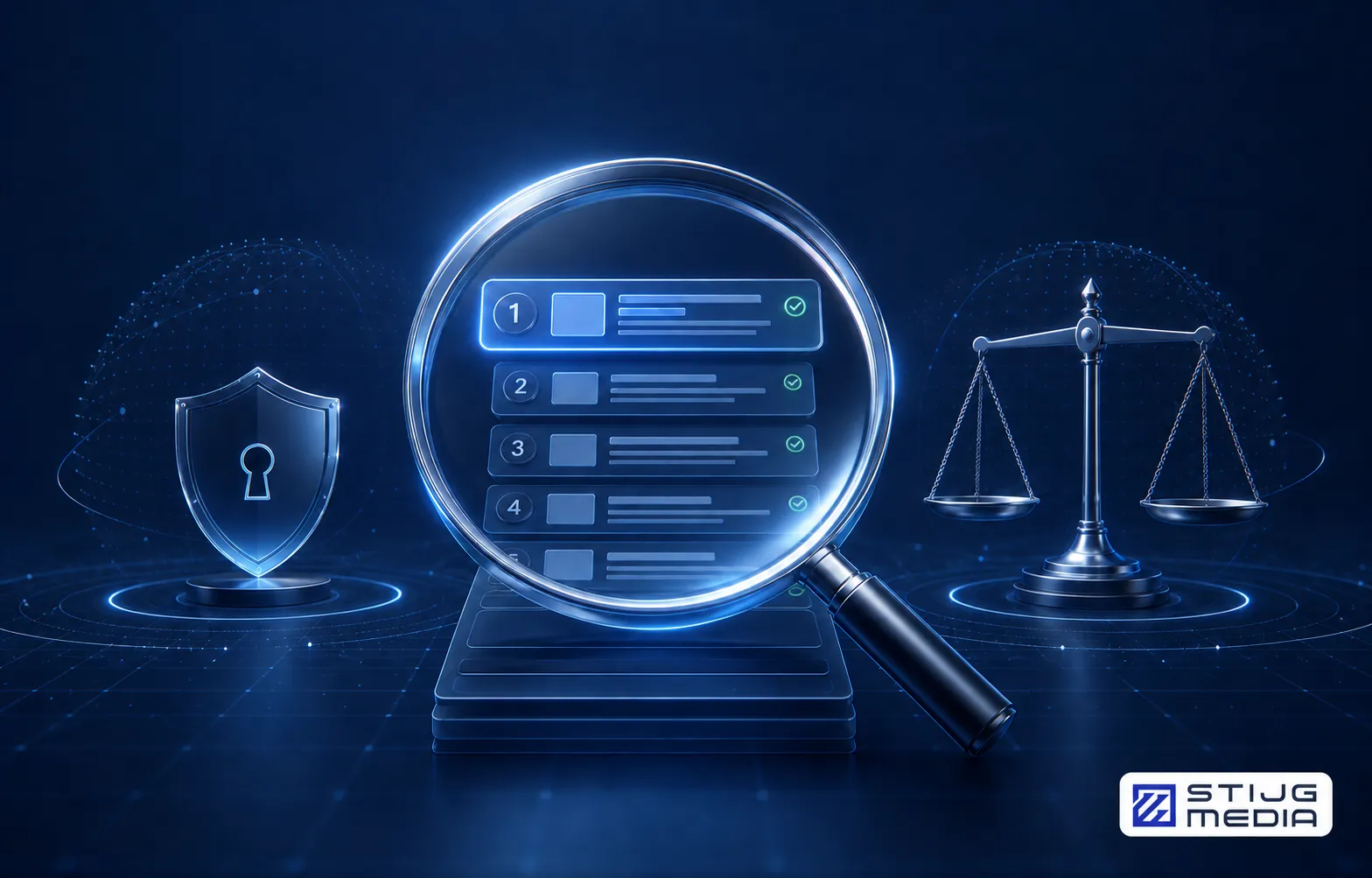 A magnifying glass inspecting search rankings between privacy and fairness symbols