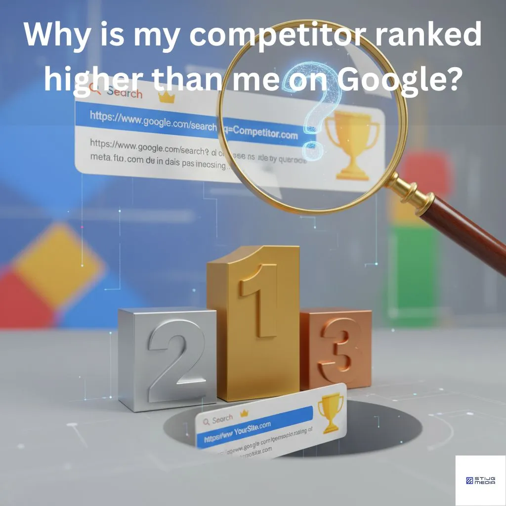 podium showing the ranking of search results with a Google search bar and magnifying glass to relate to Google search results